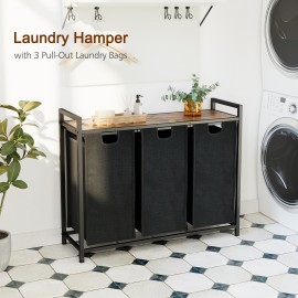 AMHANCIBLE Laundry Hamper with 3 Section, Laundry Basket with 3 Pull-Out and Removable Bags, Laundry Sorter with Shelf, Dirty Clothes Hamper for Laundry Room, Bathroom, 3 x 10 Gallons (38L) HLS03BR