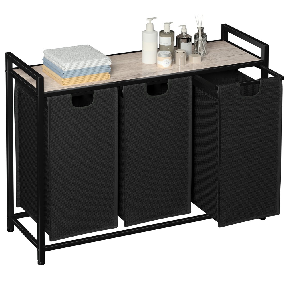 AMHANCIBLE Laundry Hamper with 3 Section, Laundry Basket with 3 Pull-Out and Removable Bags, Laundry Sorter with Shelf, Dirty Clothes Hamper for Laundry Room, Bathroom, 3 x 10 Gallons (38L) HLS03GY