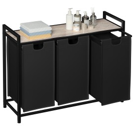 AMHANCIBLE Laundry Hamper with 3 Section, Laundry Basket with 3 Pull-Out and Removable Bags, Laundry Sorter with Shelf, Dirty Clothes Hamper for Laundry Room, Bathroom, 3 x 10 Gallons (38L) HLS03GY