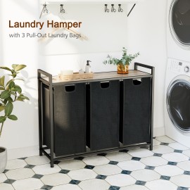 AMHANCIBLE Laundry Hamper with 3 Section, Laundry Basket with 3 Pull-Out and Removable Bags, Laundry Sorter with Shelf, Dirty Clothes Hamper for Laundry Room, Bathroom, 3 x 10 Gallons (38L) HLS03GY