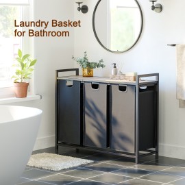 AMHANCIBLE Laundry Hamper with 3 Section, Laundry Basket with 3 Pull-Out and Removable Bags, Laundry Sorter with Shelf, Dirty Clothes Hamper for Laundry Room, Bathroom, 3 x 10 Gallons (38L) HLS03GY