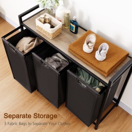 AMHANCIBLE Laundry Hamper with 3 Section, Laundry Basket with 3 Pull-Out and Removable Bags, Laundry Sorter with Shelf, Dirty Clothes Hamper for Laundry Room, Bathroom, 3 x 10 Gallons (38L) HLS03GY