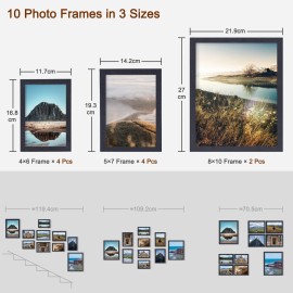 LOAKEKEL Photo Frames, Picture Frame Set of 10, Two 8x10, Four 5x7, Four 4x6, Collage Picture Frames, for Wall, Tabletop, Gallery Display, Multiple Sizes Photos, Black HPFP10BK