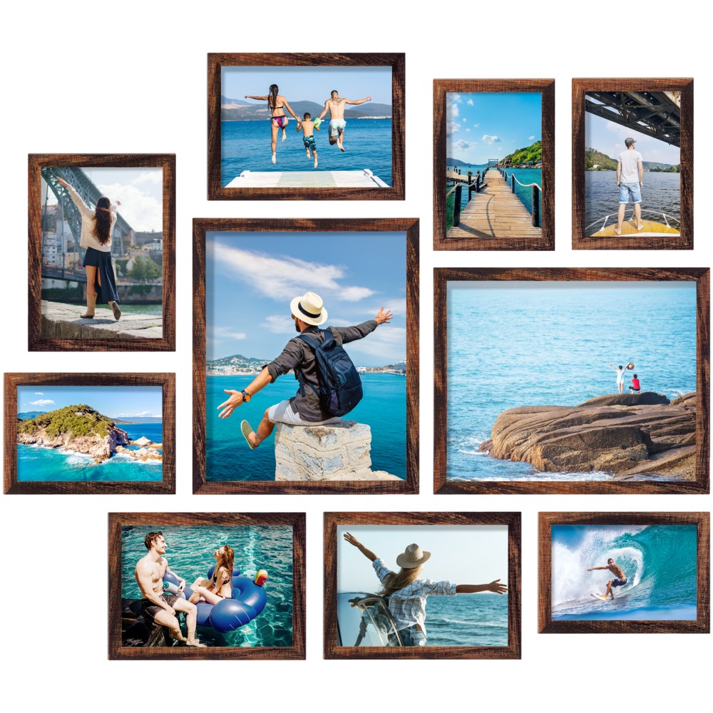 LOAKEKEL Photo Frames, Picture Frame Set of 10, Two 8x10, Four 5x7, Four 4x6, Collage Picture Frames, for Wall, Tabletop, Gallery Display, Multiple Sizes Photos, Brown HPFP10BR