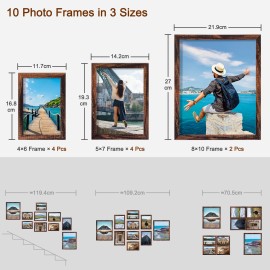 LOAKEKEL Photo Frames, Picture Frame Set of 10, Two 8x10, Four 5x7, Four 4x6, Collage Picture Frames, for Wall, Tabletop, Gallery Display, Multiple Sizes Photos, Brown HPFP10BR