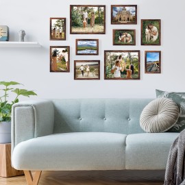 LOAKEKEL Photo Frames, Picture Frame Set of 10, Two 8x10, Four 5x7, Four 4x6, Collage Picture Frames, for Wall, Tabletop, Gallery Display, Multiple Sizes Photos, Brown HPFP10BR
