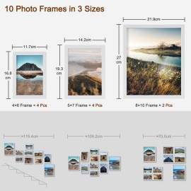 LOAKEKEL Photo Frames, Picture Frame Set of 10, Two 8x10, Four 5x7, Four 4x6, Collage Picture Frames, for Wall, Tabletop, Gallery Display, Multiple Sizes Photos, White HPFP10WT