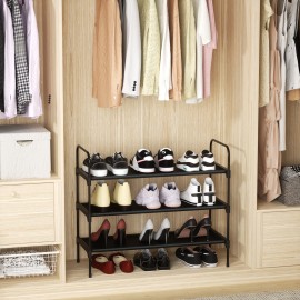 LOAKEKEL Shoe Rack, 3 Tier Non-Woven Fabric Portable Shoe Shelf, Space Saving Shoe Organizer for Closet, up to 12-16 Pairs, Shoe Storage for Entryway, Bedroom, Black HSRF03BK