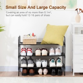 LOAKEKEL Shoe Rack, 3 Tier Non-Woven Fabric Portable Shoe Shelf, Space Saving Shoe Organizer for Closet, up to 12-16 Pairs, Shoe Storage for Entryway, Bedroom, Black HSRF03BK