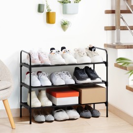 LOAKEKEL Shoe Rack, 3 Tier Non-Woven Fabric Portable Shoe Shelf, Space Saving Shoe Organizer for Closet, up to 12-16 Pairs, Shoe Storage for Entryway, Bedroom, Black HSRF03BK