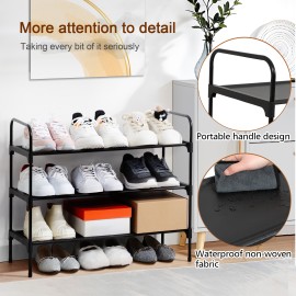 LOAKEKEL Shoe Rack, 3 Tier Non-Woven Fabric Portable Shoe Shelf, Space Saving Shoe Organizer for Closet, up to 12-16 Pairs, Shoe Storage for Entryway, Bedroom, Black HSRF03BK