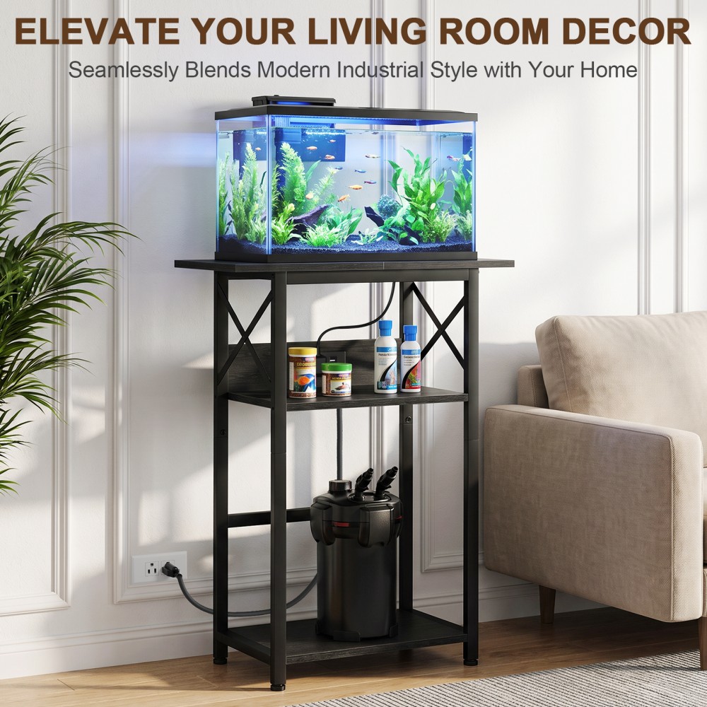 LOAKEKEL 10-20 Gallon Fish Tank Stand with Charging Station, Black