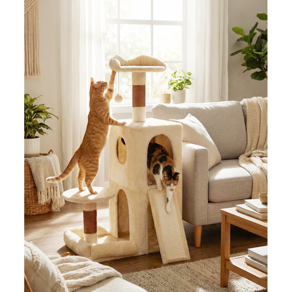 LIKISAK Lindo árbol para gatos, torre para gatitos y gatos de interior, árbol pequeño para gatos con postes rascadores de sisal y plataforma superior, casita con plataforma de salto, mueble de actividades para gatos PMT01BW