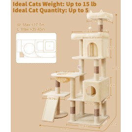 68 Inches Heavy Duty Cat Tree for Indoor Cat, Big Cat Tower with Sisal Scratching Posts and Top Perch, Large Platform for Adult Cats, PMT02BW, Beige