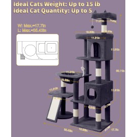 68 Inches Heavy Duty Cat Tree for Indoor Cat, Big Cat Tower with Sisal Scratching Posts and Top Perch, Large Platform for Adult Cats, PMT02DG, Dark Grey
