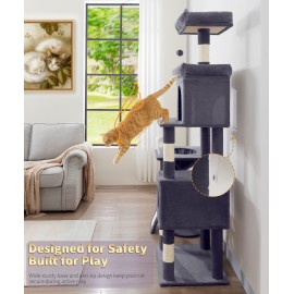 68 Inches Heavy Duty Cat Tree for Indoor Cat, Big Cat Tower with Sisal Scratching Posts and Top Perch, Large Platform for Adult Cats, PMT02DG, Dark Grey