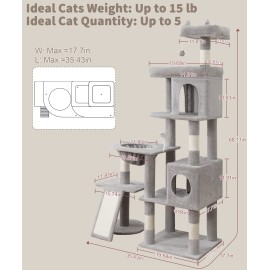 68 Inches Heavy Duty Cat Tree for Indoor Cat, Big Cat Tower with Sisal Scratching Posts and Top Perch, Large Platform for Adult Cats, PMT02GY, Grey