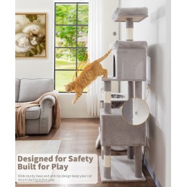 68 Inches Heavy Duty Cat Tree for Indoor Cat, Big Cat Tower with Sisal Scratching Posts and Top Perch, Large Platform for Adult Cats, PMT02GY, Grey
