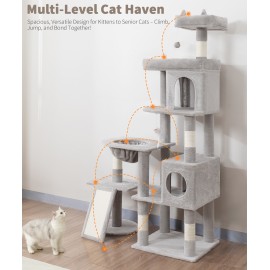 68 Inches Heavy Duty Cat Tree for Indoor Cat, Big Cat Tower with Sisal Scratching Posts and Top Perch, Large Platform for Adult Cats, PMT02GY, Grey