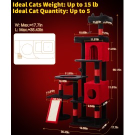 LIKISAK 68 Inches Heavy Duty Cat Tree for Indoor Cat, Big Cat Tower with Sisal Scratching Posts and Top Perch, Large Platform for Adult Cats, PMT02RD, Black Red