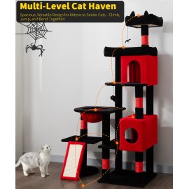 LIKISAK 68 Inches Heavy Duty Cat Tree for Indoor Cat, Big Cat Tower with Sisal Scratching Posts and Top Perch, Large Platform for Adult Cats, PMT02RD, Black Red
