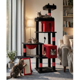 LIKISAK 68 Inches Heavy Duty Cat Tree for Indoor Cat, Big Cat Tower with Sisal Scratching Posts and Top Perch, Large Platform for Adult Cats, PMT02RD, Black Red