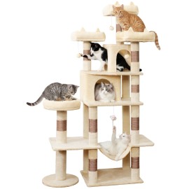 LIKISAK Heavy Duty Cat Tree for Indoor Cat, 71 Inch Large Cat Tower with Scratching Post and Top Perch, Hammock, Big Cat Condo for Adult Cats Kittens, PMT03BW, Beige