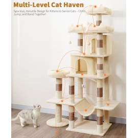 LIKISAK Heavy Duty Cat Tree for Indoor Cat, 71 Inch Large Cat Tower with Scratching Post and Top Perch, Hammock, Big Cat Condo for Adult Cats Kittens, PMT03BW, Beige