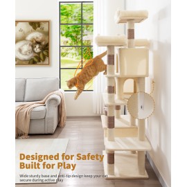 LIKISAK Heavy Duty Cat Tree for Indoor Cat, 71 Inch Large Cat Tower with Scratching Post and Top Perch, Hammock, Big Cat Condo for Adult Cats Kittens, PMT03BW, Beige