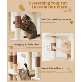 LIKISAK Heavy Duty Cat Tree for Indoor Cat, 71 Inch Large Cat Tower with Scratching Post and Top Perch, Hammock, Big Cat Condo for Adult Cats Kittens, PMT03BW, Beige