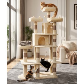 LIKISAK Heavy Duty Cat Tree for Indoor Cat, 71 Inch Large Cat Tower with Scratching Post and Top Perch, Hammock, Big Cat Condo for Adult Cats Kittens, PMT03BW, Beige