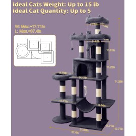 Heavy Duty Cat Tree for Indoor Cat, 71 Inch Large Cat Tower with Scratching Post and Top Perch, Hammock, Big Cat Condo for Adult Cats Kittens, PMT03DG, Dark Grey