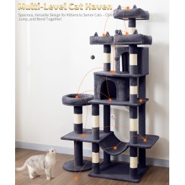 Heavy Duty Cat Tree for Indoor Cat, 71 Inch Large Cat Tower with Scratching Post and Top Perch, Hammock, Big Cat Condo for Adult Cats Kittens, PMT03DG, Dark Grey