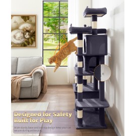 Heavy Duty Cat Tree for Indoor Cat, 71 Inch Large Cat Tower with Scratching Post and Top Perch, Hammock, Big Cat Condo for Adult Cats Kittens, PMT03DG, Dark Grey