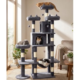 Heavy Duty Cat Tree for Indoor Cat, 71 Inch Large Cat Tower with Scratching Post and Top Perch, Hammock, Big Cat Condo for Adult Cats Kittens, PMT03DG, Dark Grey