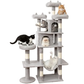 Heavy Duty Cat Tree for Indoor Cat, 71 Inch Large Cat Tower with Scratching Post and Top Perch, Hammock, Big Cat Condo for Adult Cats Kittens, PMT03GY, Grey