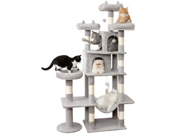 LIKISAK 室内猫用重型猫树，71英寸大型猫塔，带抓柱、顶部栖架和吊床，适合成年猫和幼猫，PMT03GY，灰色