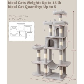 Heavy Duty Cat Tree for Indoor Cat, 71 Inch Large Cat Tower with Scratching Post and Top Perch, Hammock, Big Cat Condo for Adult Cats Kittens, PMT03GY, Grey
