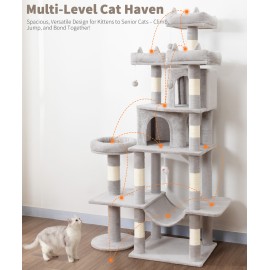 Heavy Duty Cat Tree for Indoor Cat, 71 Inch Large Cat Tower with Scratching Post and Top Perch, Hammock, Big Cat Condo for Adult Cats Kittens, PMT03GY, Grey