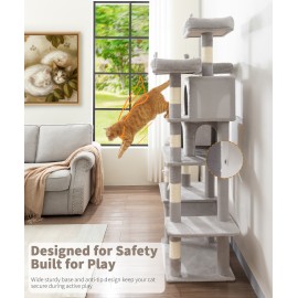 Heavy Duty Cat Tree for Indoor Cat, 71 Inch Large Cat Tower with Scratching Post and Top Perch, Hammock, Big Cat Condo for Adult Cats Kittens, PMT03GY, Grey