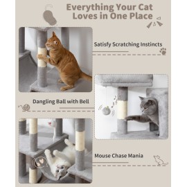 Heavy Duty Cat Tree for Indoor Cat, 71 Inch Large Cat Tower with Scratching Post and Top Perch, Hammock, Big Cat Condo for Adult Cats Kittens, PMT03GY, Grey