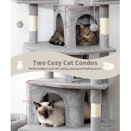 Heavy Duty Cat Tree for Indoor Cat, 71 Inch Large Cat Tower with Scratching Post and Top Perch, Hammock, Big Cat Condo for Adult Cats Kittens, PMT03GY, Grey