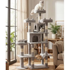 Heavy Duty Cat Tree for Indoor Cat, 71 Inch Large Cat Tower with Scratching Post and Top Perch, Hammock, Big Cat Condo for Adult Cats Kittens, PMT03GY, Grey