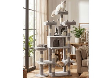 Heavy Duty Cat Tree for Indoor Cat, 71 Inch Large Cat Tower with Scratching Post and Top Perch, Hammock, Big Cat Condo for Adult Cats Kittens, PMT03GY, Grey