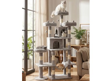 Heavy Duty Cat Tree for Indoor Cat, 71 Inch Large Cat Tower with Scratching Post and Top Perch, Hammock, Big Cat Condo for Adult Cats Kittens, PMT03GY, Grey