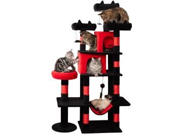 LIKISAK 室内猫用重型猫树，71英寸大型猫塔，带抓柱、顶部栖架和吊床，适合成年猫和幼猫，PMT03RD，黑红色