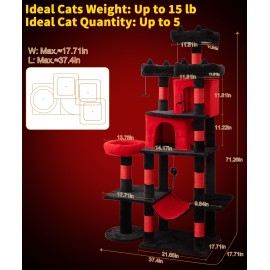 LIKISAK Heavy Duty Cat Tree for Indoor Cat, 71 Inch Large Cat Tower with Scratching Post and Top Perch, Hammock, Big Cat Condo for Adult Cats Kittens, PMT03RD, Black Red