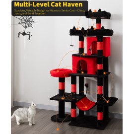 LIKISAK Heavy Duty Cat Tree for Indoor Cat, 71 Inch Large Cat Tower with Scratching Post and Top Perch, Hammock, Big Cat Condo for Adult Cats Kittens, PMT03RD, Black Red