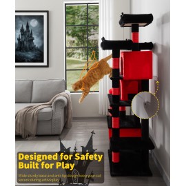 LIKISAK Heavy Duty Cat Tree for Indoor Cat, 71 Inch Large Cat Tower with Scratching Post and Top Perch, Hammock, Big Cat Condo for Adult Cats Kittens, PMT03RD, Black Red