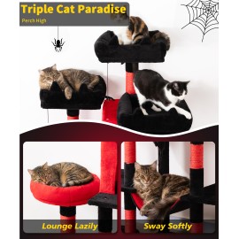 LIKISAK Heavy Duty Cat Tree for Indoor Cat, 71 Inch Large Cat Tower with Scratching Post and Top Perch, Hammock, Big Cat Condo for Adult Cats Kittens, PMT03RD, Black Red